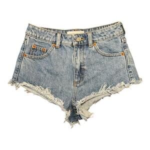 Topshop 'Kiri' High Waisted Light-Wash Frayed/Raw Hem Denim Jean Shorts sz 4